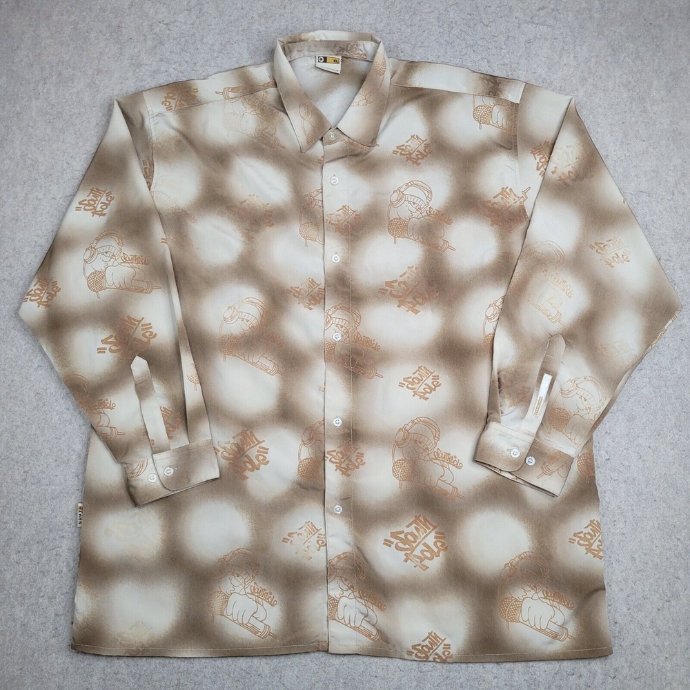 Vintage Southpole‎ Y2K Button Up Shirt Mens XL Tan  All Over Hip Hop Long Sleeve